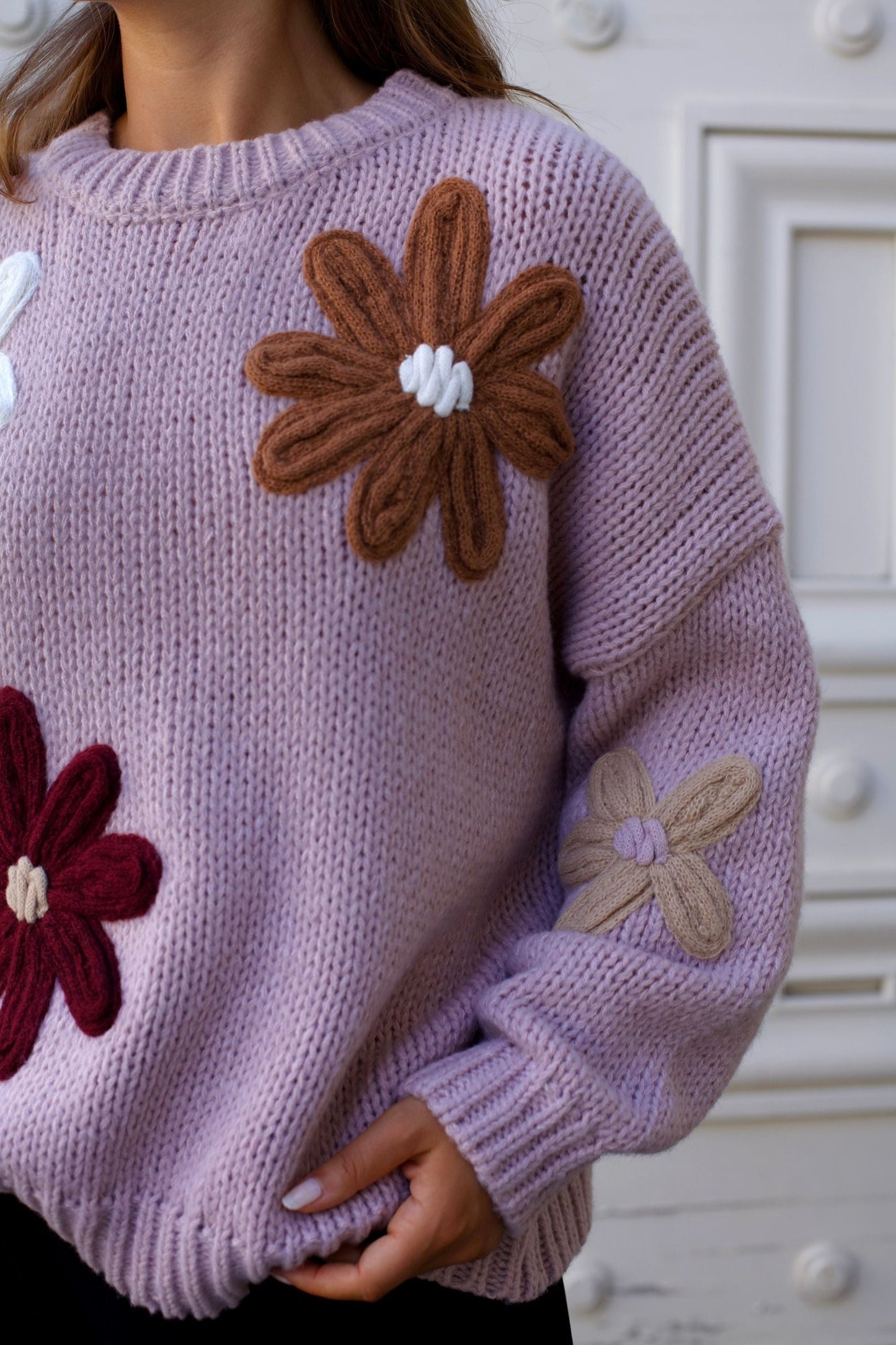 Tamara Women's Chunky Knit Sweater Embroidered Floral Appliqué-4