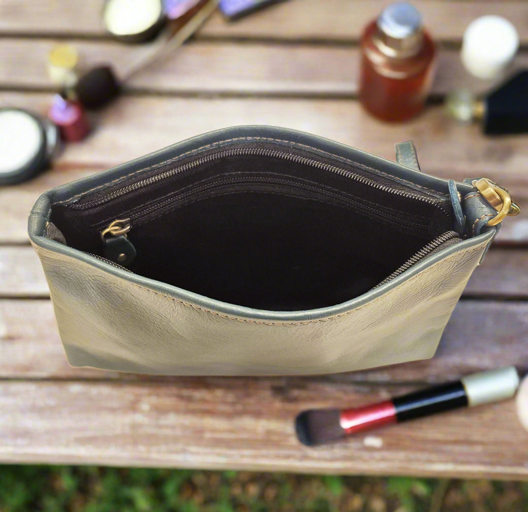 Leather Makeup Pouch, Bottle Green-2