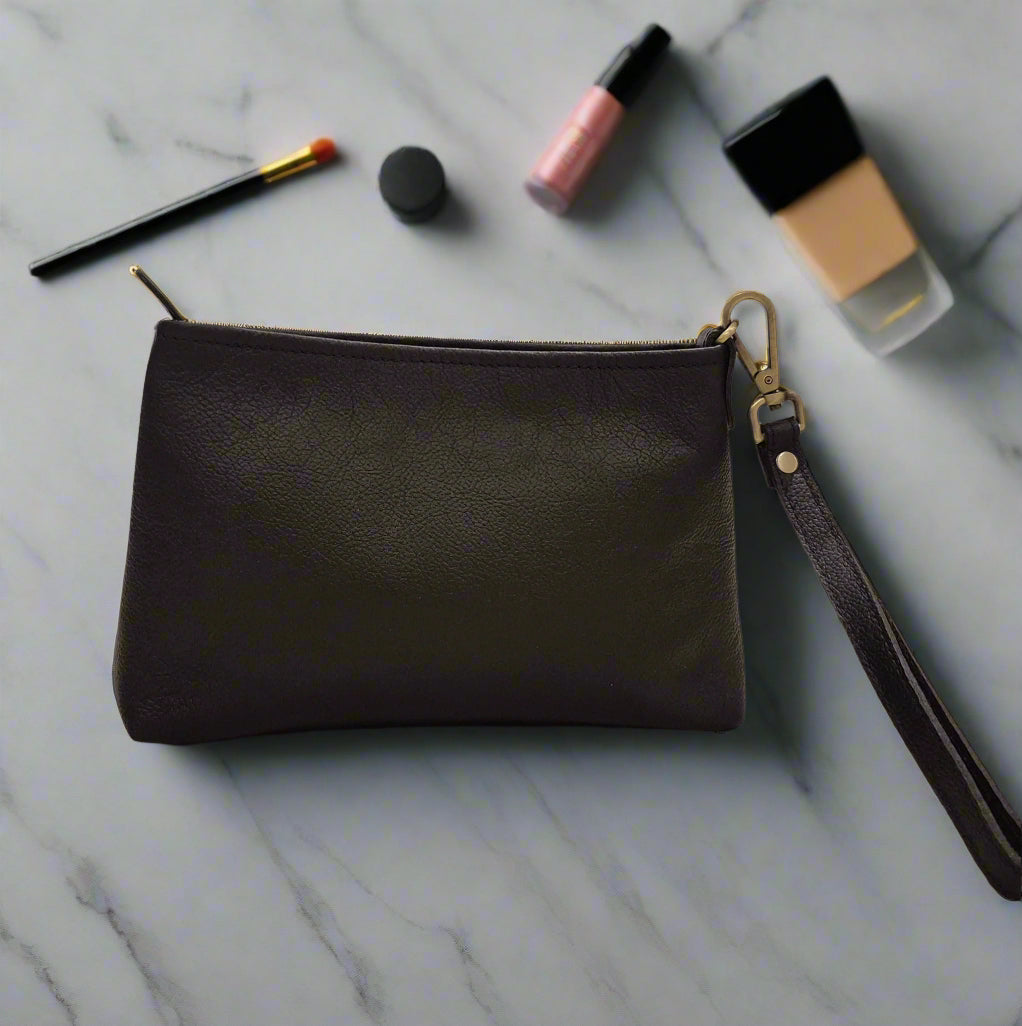 Leather Makeup Pouch, Black-4