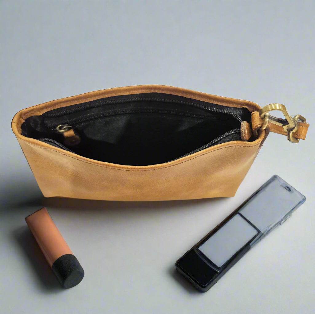 Leather Makeup Pouch, Tan-3