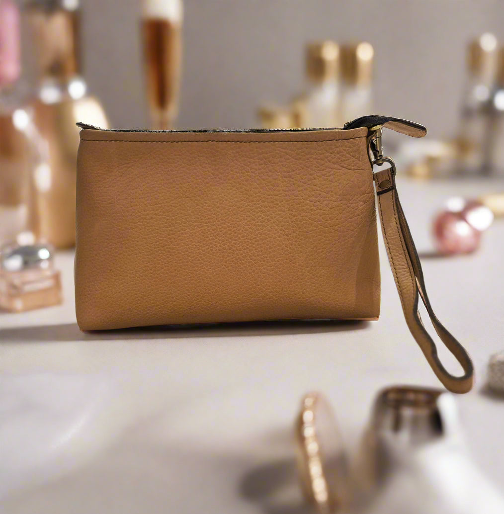 Leather Makeup Pouch, Beige-3