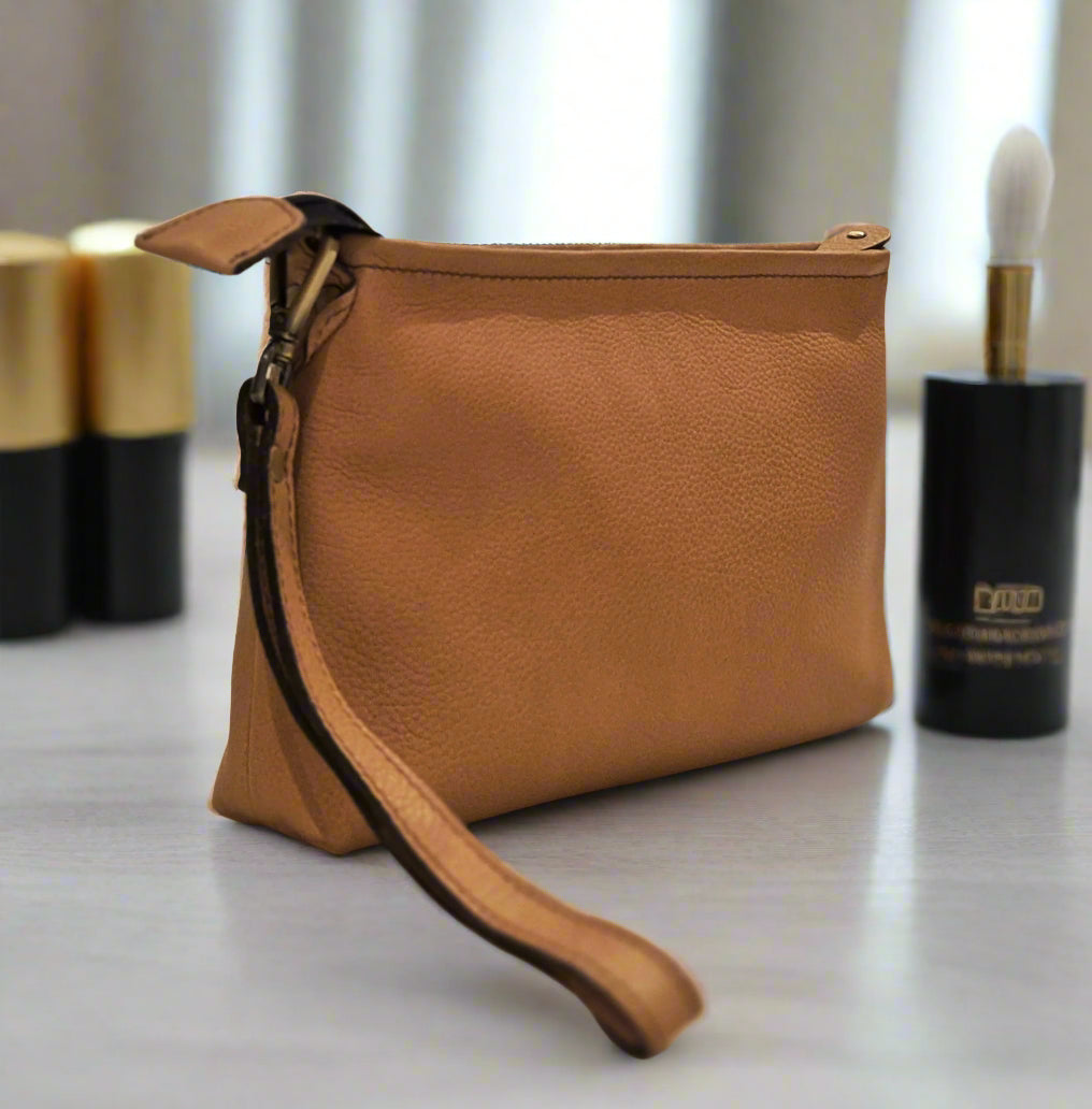 Leather Makeup Pouch, Beige-1