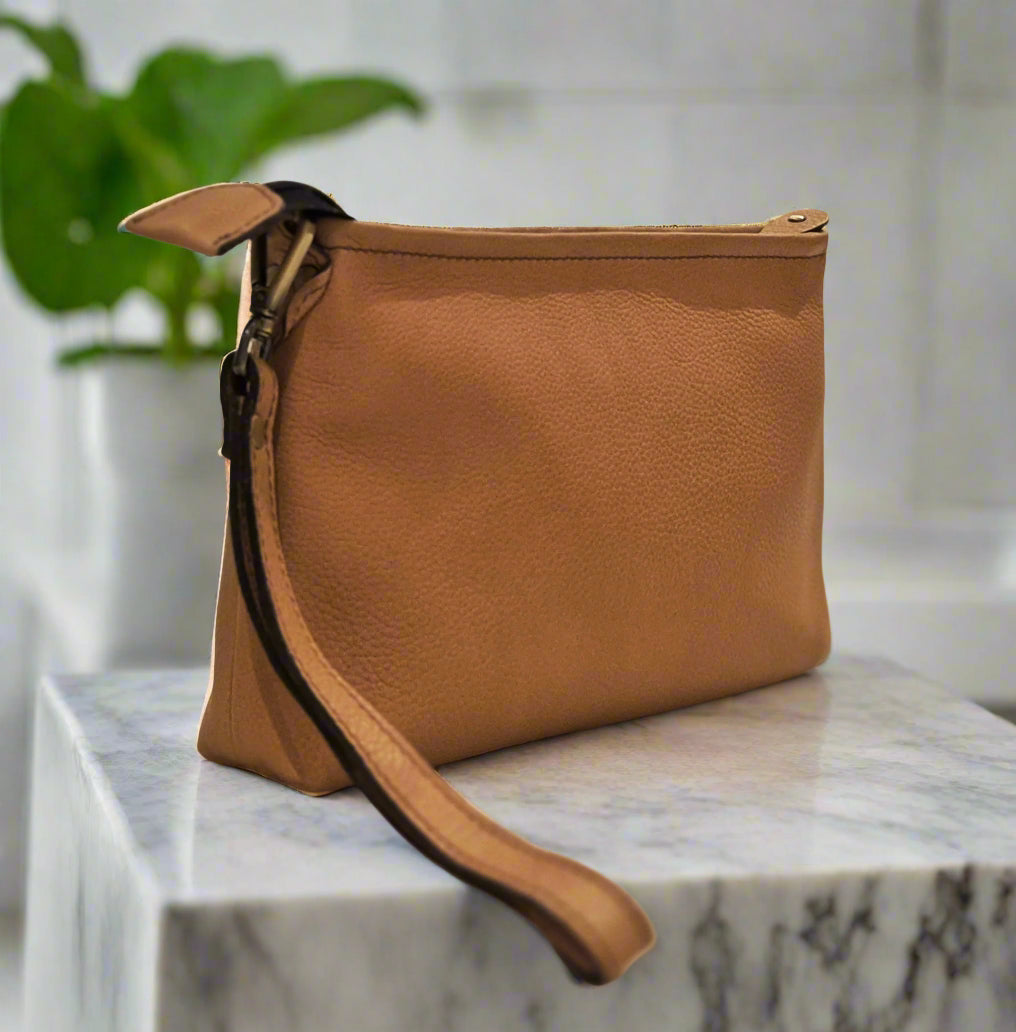Leather Makeup Pouch, Tan-1