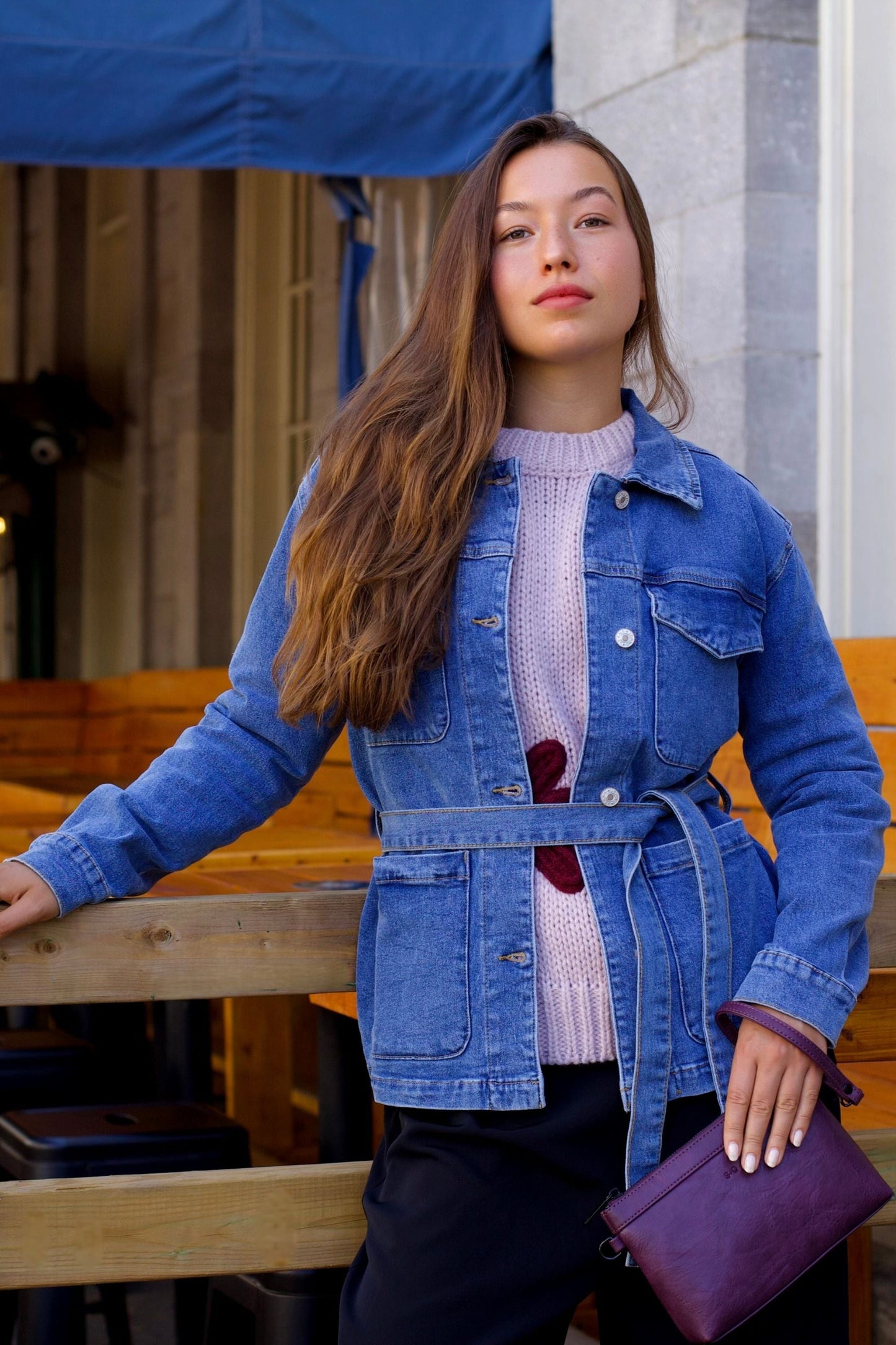 Sabrina Women's Belted Jean Jacquard Jacket With Pockets-1