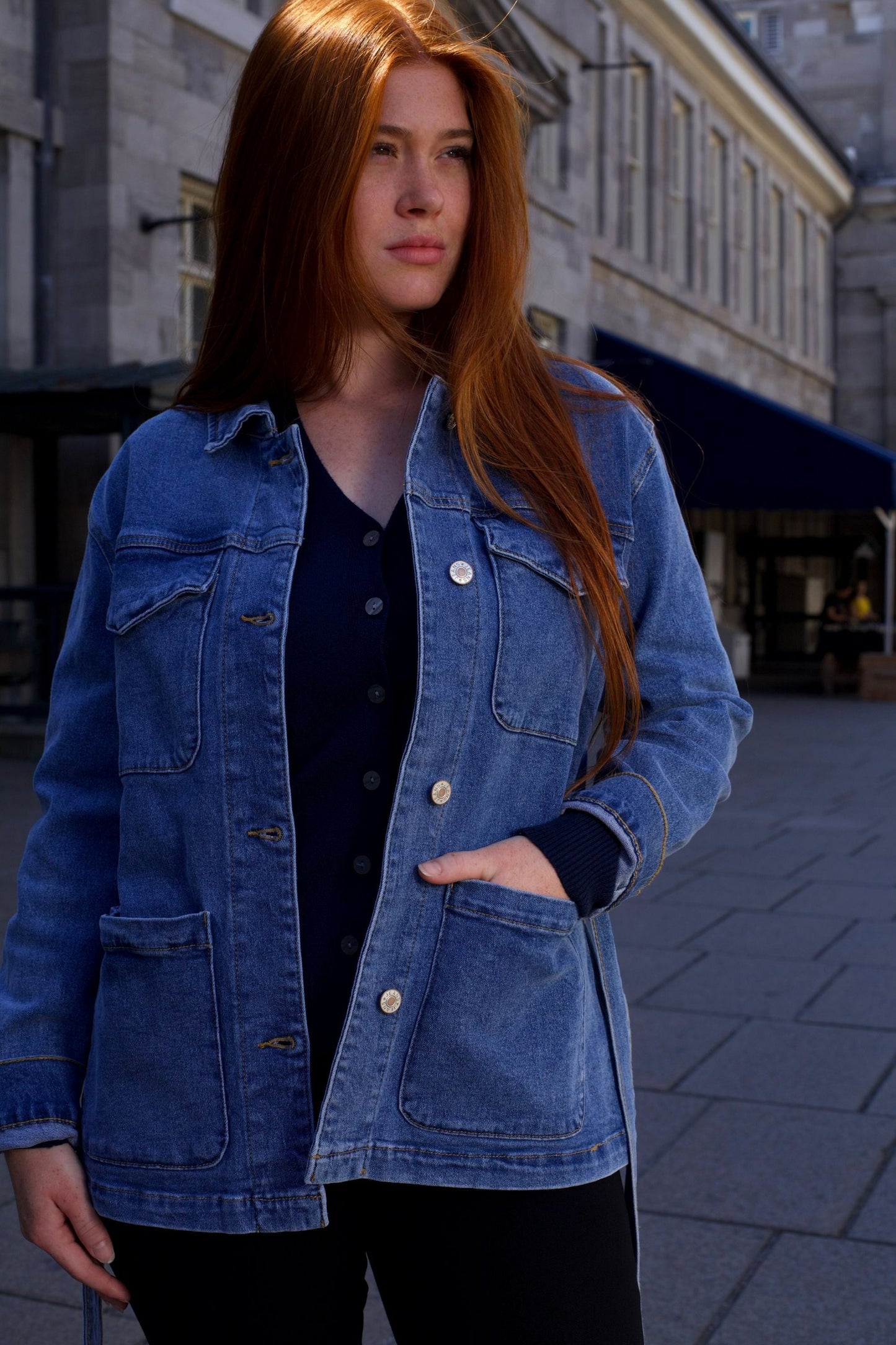 Sabrina Women's Belted Jean Jacquard Jacket With Pockets-3