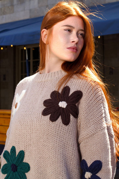 Tamara Women's Chunky Knit Sweater Embroidered Floral Appliqué-1