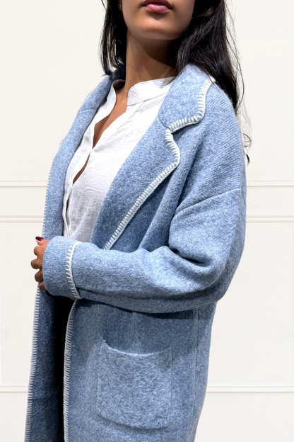 Solana Knit Jacket Collar Long Open-Front Contrast Stitching Pockets-2