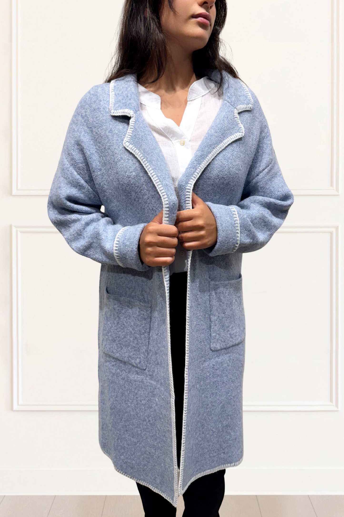 Solana Knit Jacket Collar Long Open-Front Contrast Stitching Pockets-1