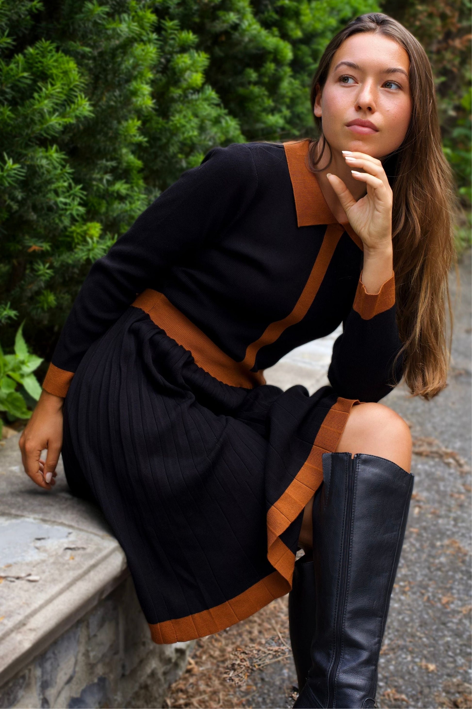 Clarissa Knit Women's Dress Contrast Trim Long Sleeves-1