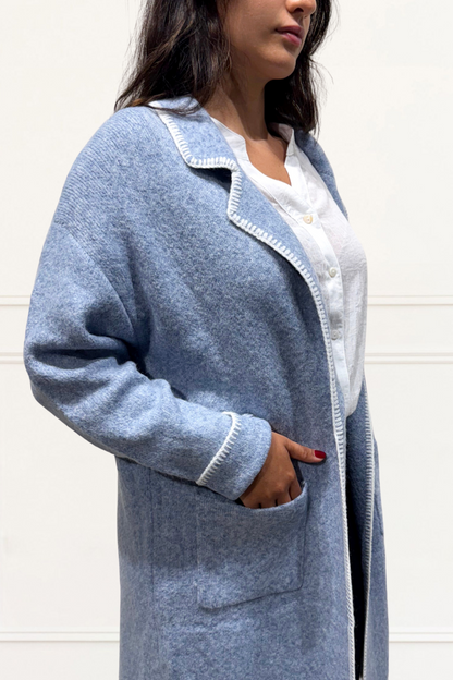 Solana Knit Jacket Collar Long Open-Front Contrast Stitching Pockets-3