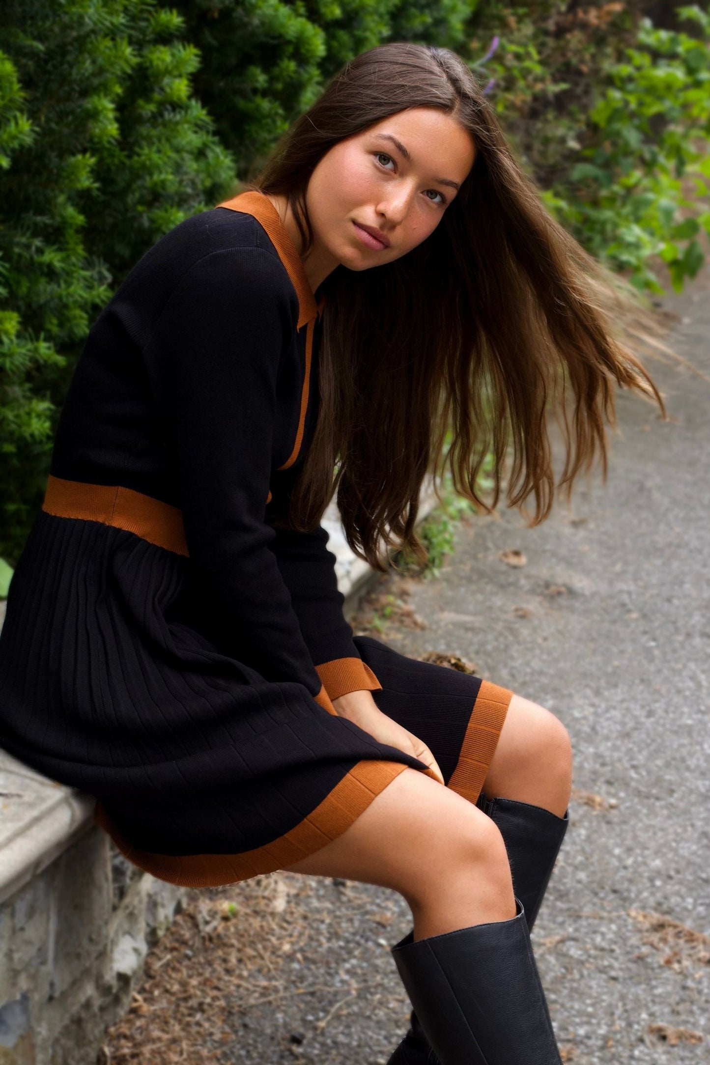 Clarissa Knit Women's Dress Contrast Trim Long Sleeves-4