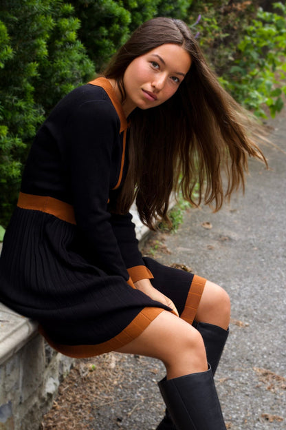 Clarissa Knit Women's Dress Contrast Trim Long Sleeves-4