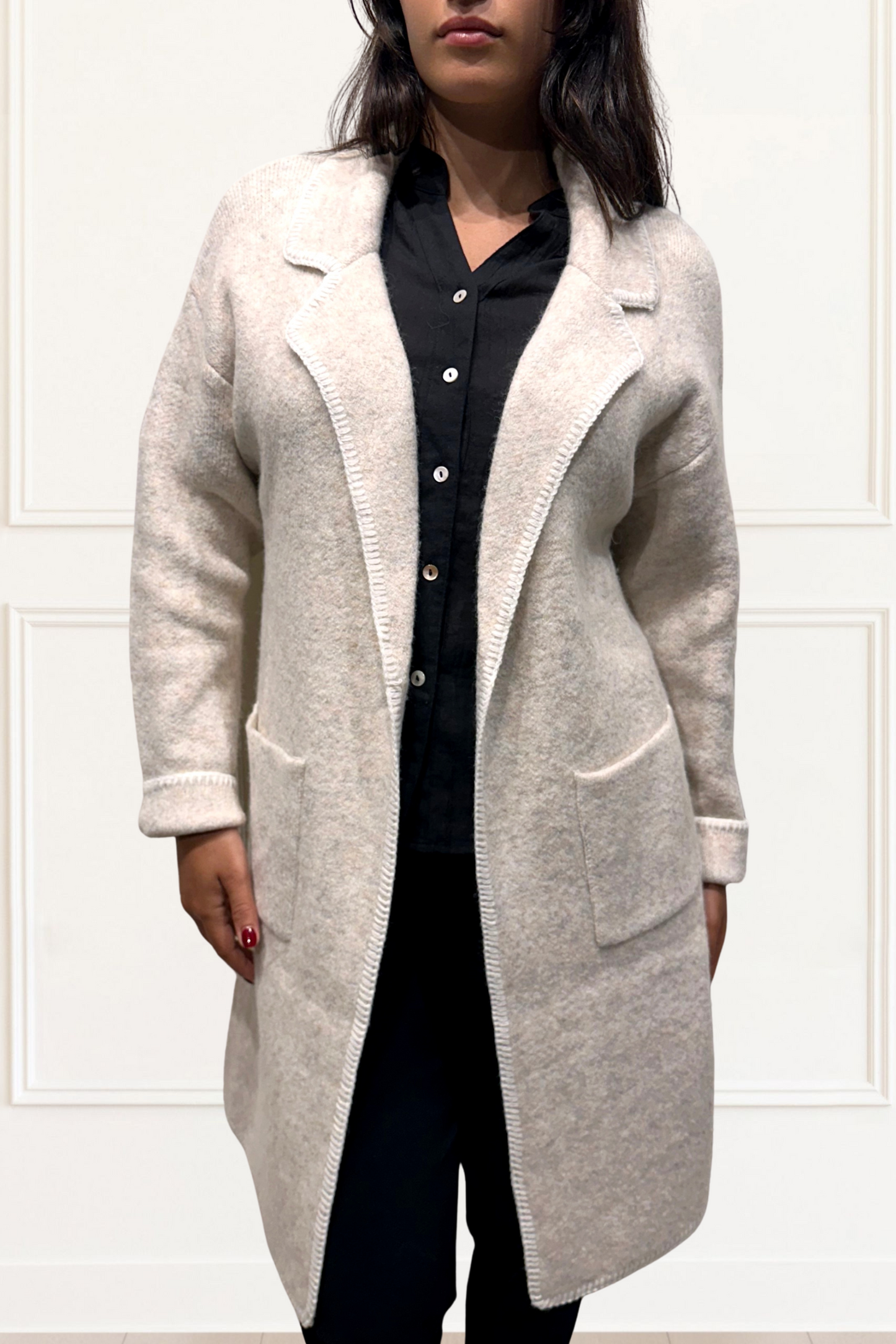 Solana Knit Jacket Collar Long Open-Front Contrast Stitching Pockets-0