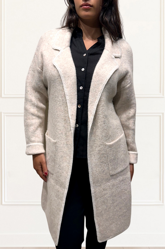 Solana Knit Jacket Collar Long Open-Front Contrast Stitching Pockets-0