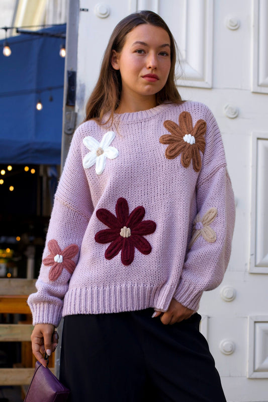 Tamara Women's Chunky Knit Sweater Embroidered Floral Appliqué-1