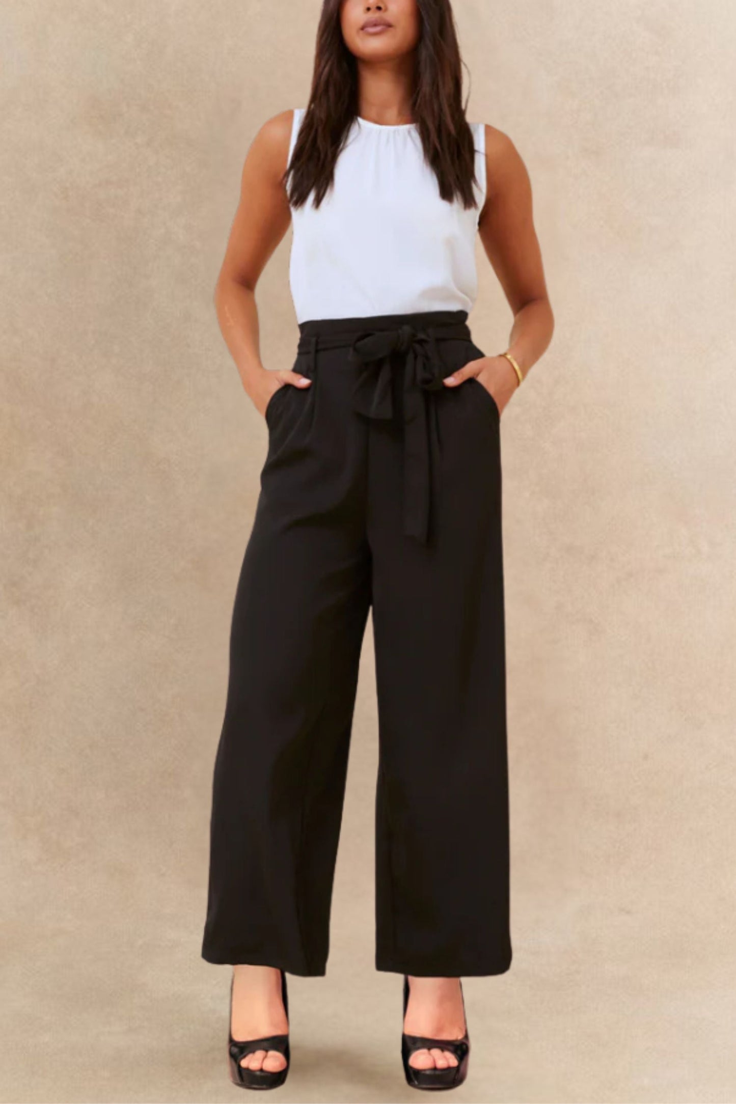 Alba Black Paperbag Pants Straight Leg Elastic Waistband-0