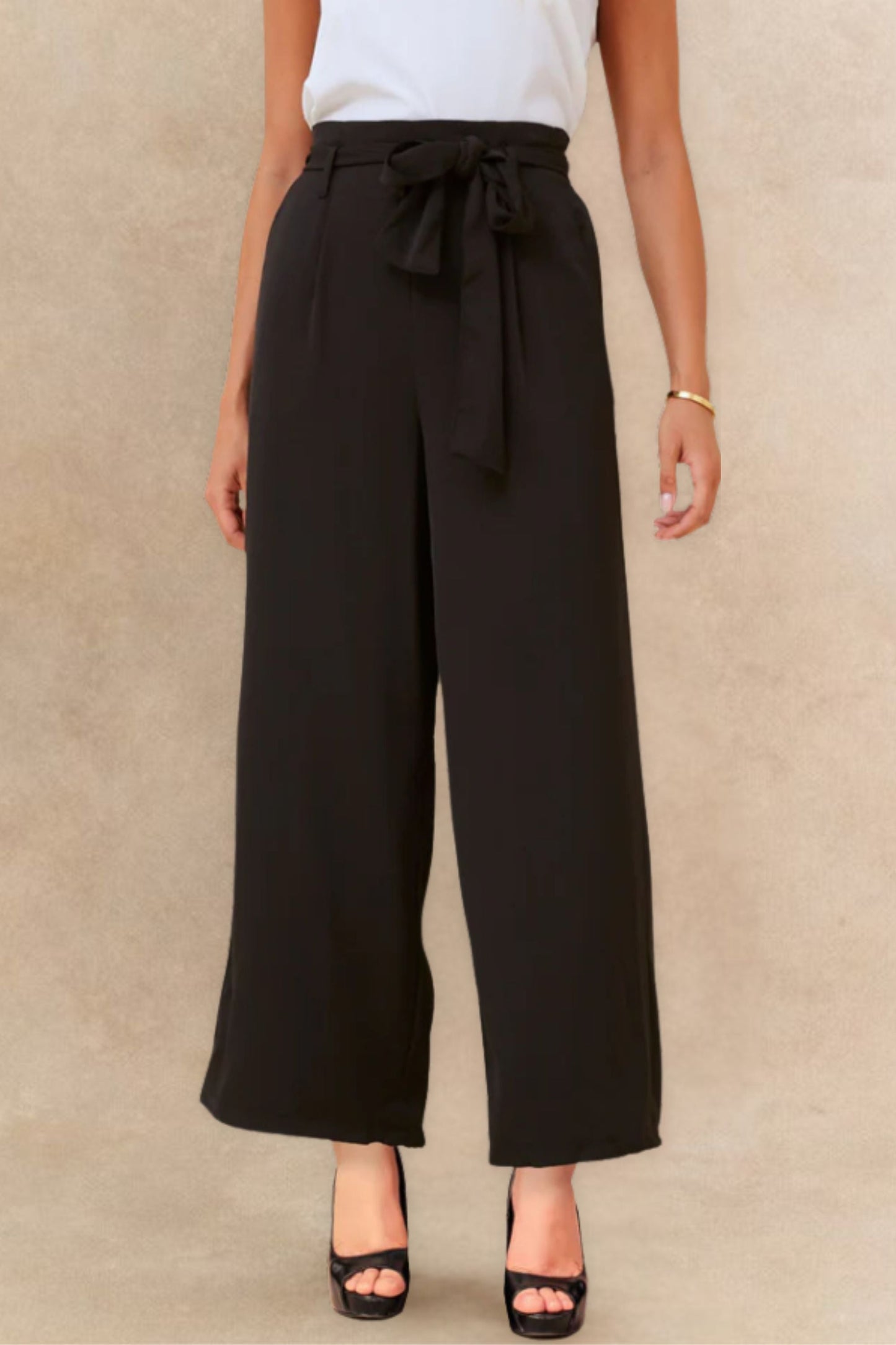 Alba Black Paperbag Pants Straight Leg Elastic Waistband-4