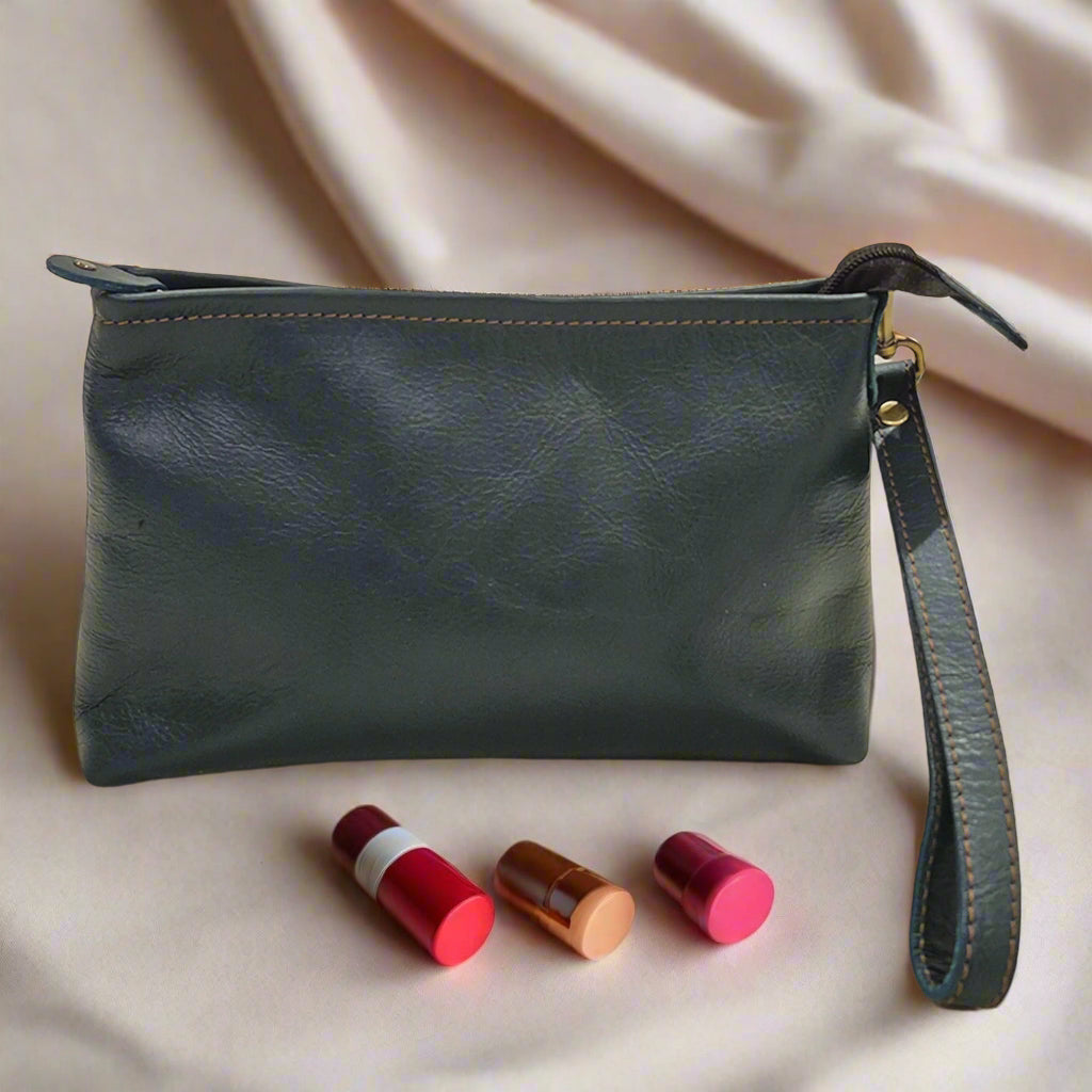 Leather Makeup Pouch, Bottle Green-0