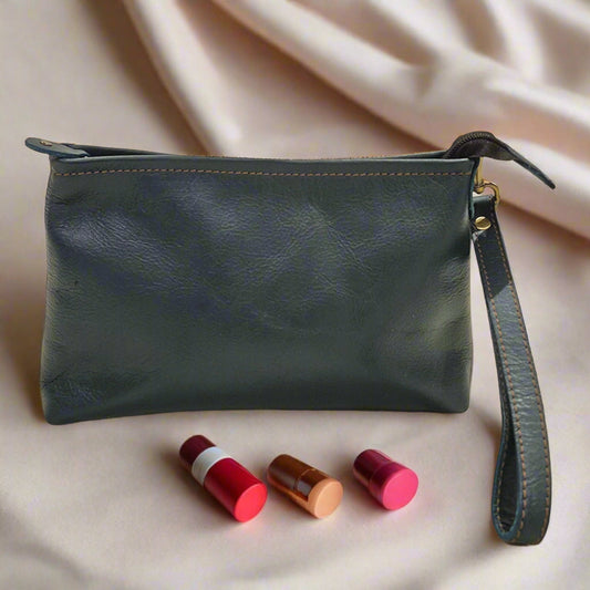 Leather Makeup Pouch, Bottle Green-0
