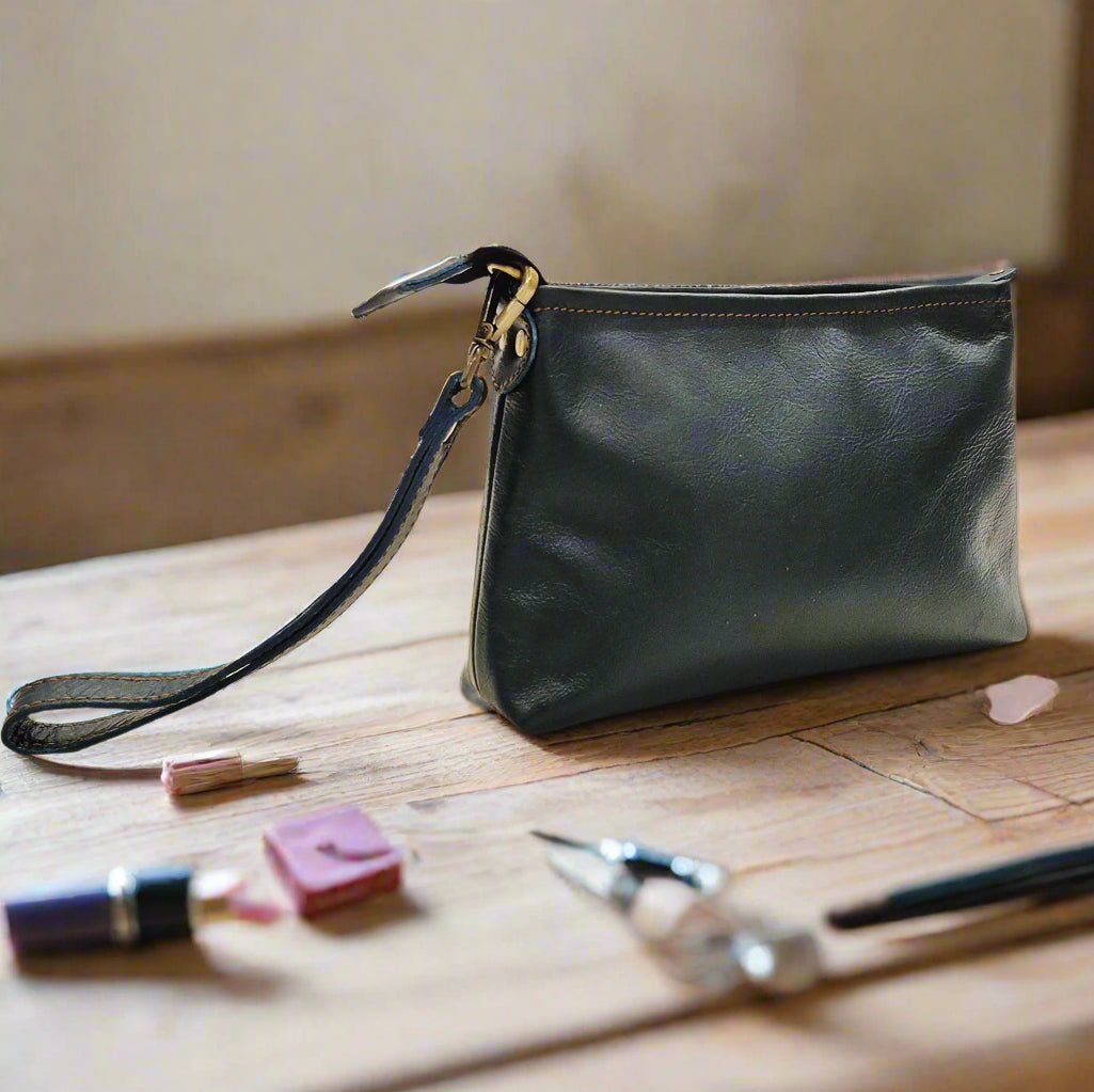 Leather Makeup Pouch, Bottle Green-1