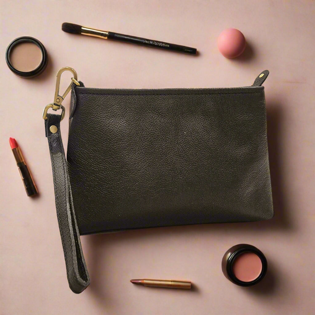Leather Makeup Pouch, Black-3