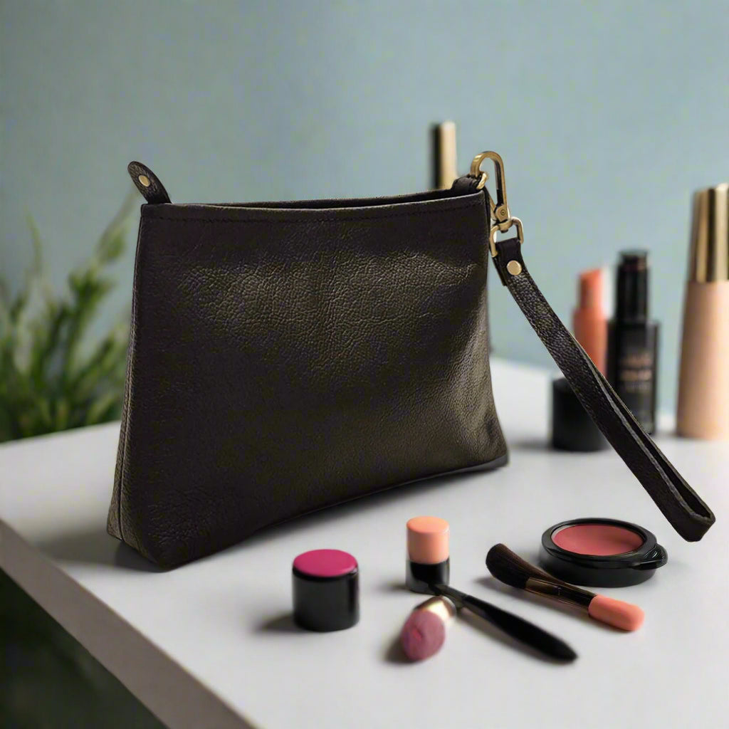 Leather Makeup Pouch, Black-1