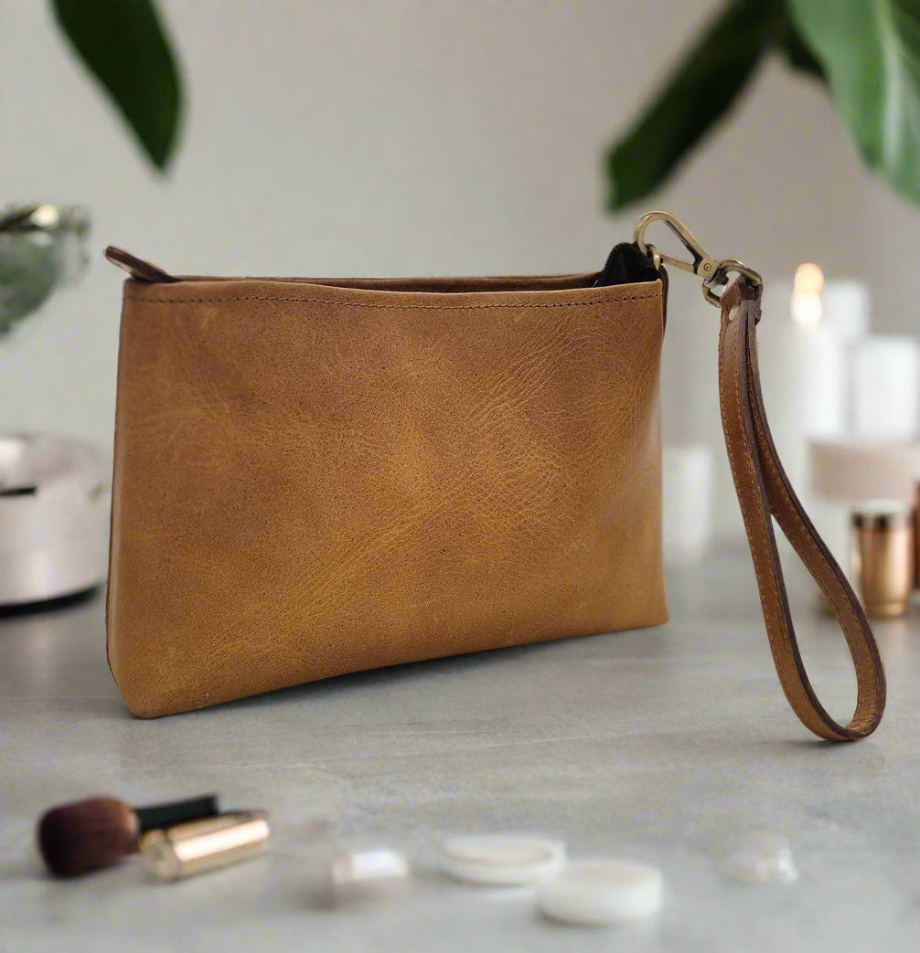 Leather Makeup Pouch, Tan-2