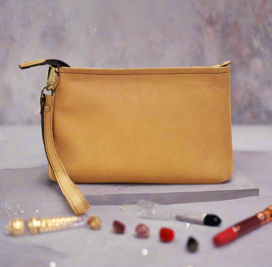 Leather Makeup Pouch, Beige-0