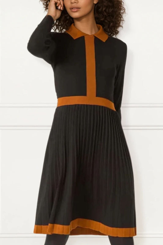 Clarissa Knit Women's Dress Contrast Trim Long Sleeves-0