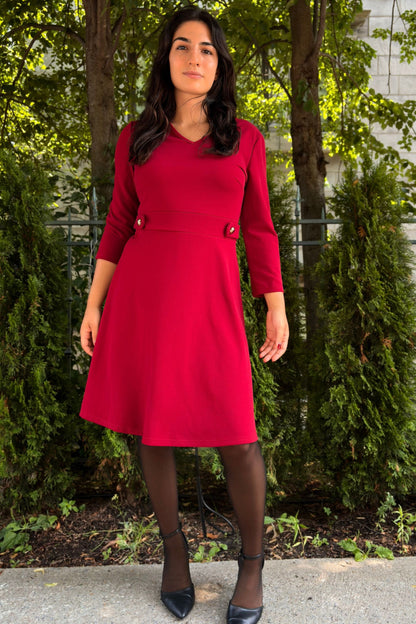 Nathalie A-Line Dress V-Neckline Structured Fit Gold Button Detail-4