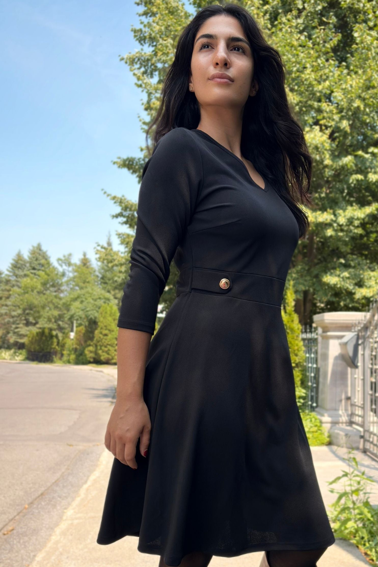 Nathalie A-Line Dress with Gold Button Detail-4