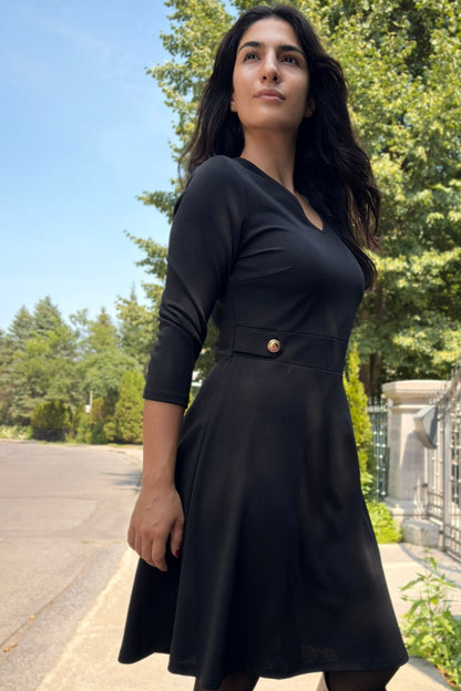 Nathalie A-Line Dress with Gold Button Detail-4