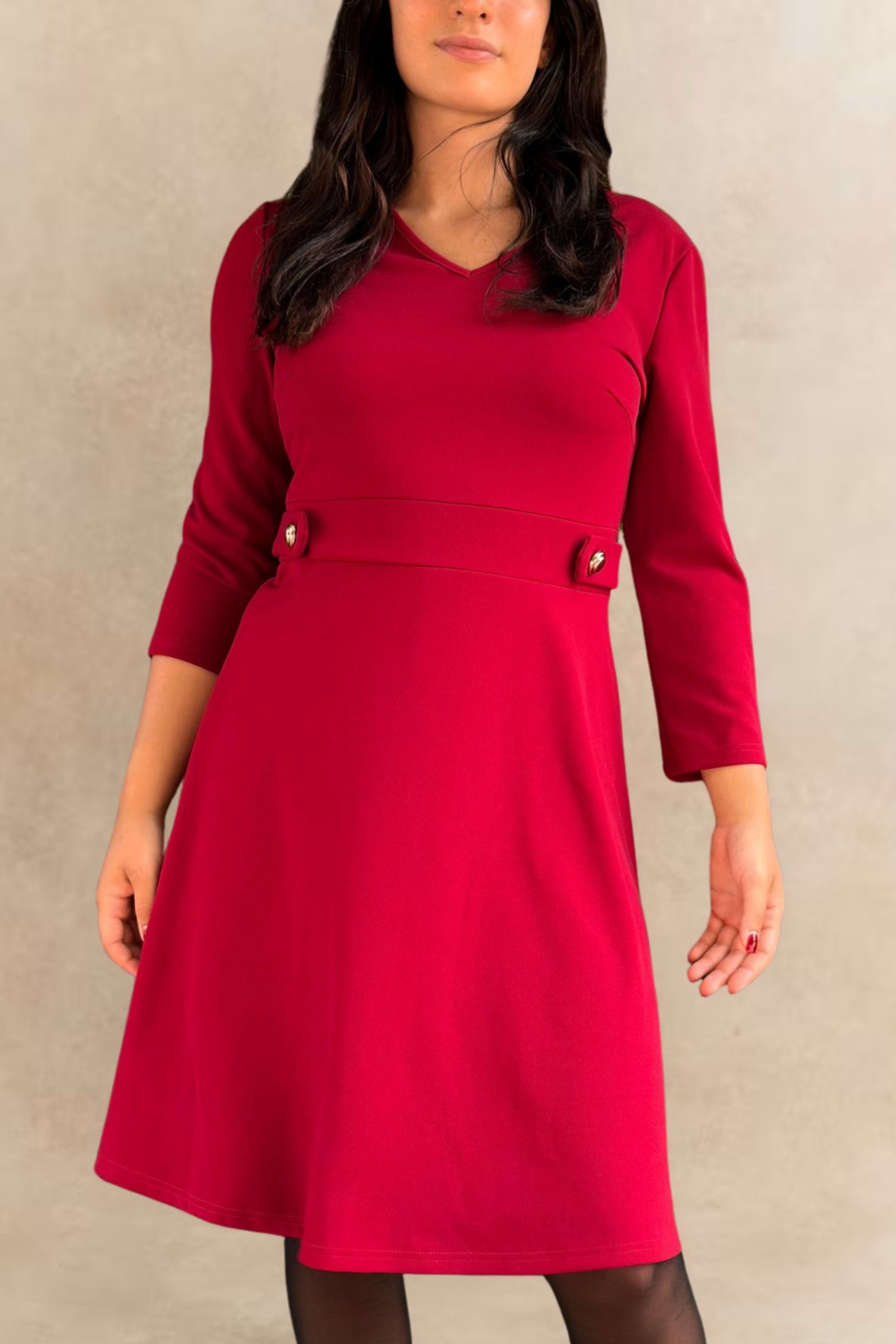 Nathalie A-Line Dress with Gold Button Detail-5