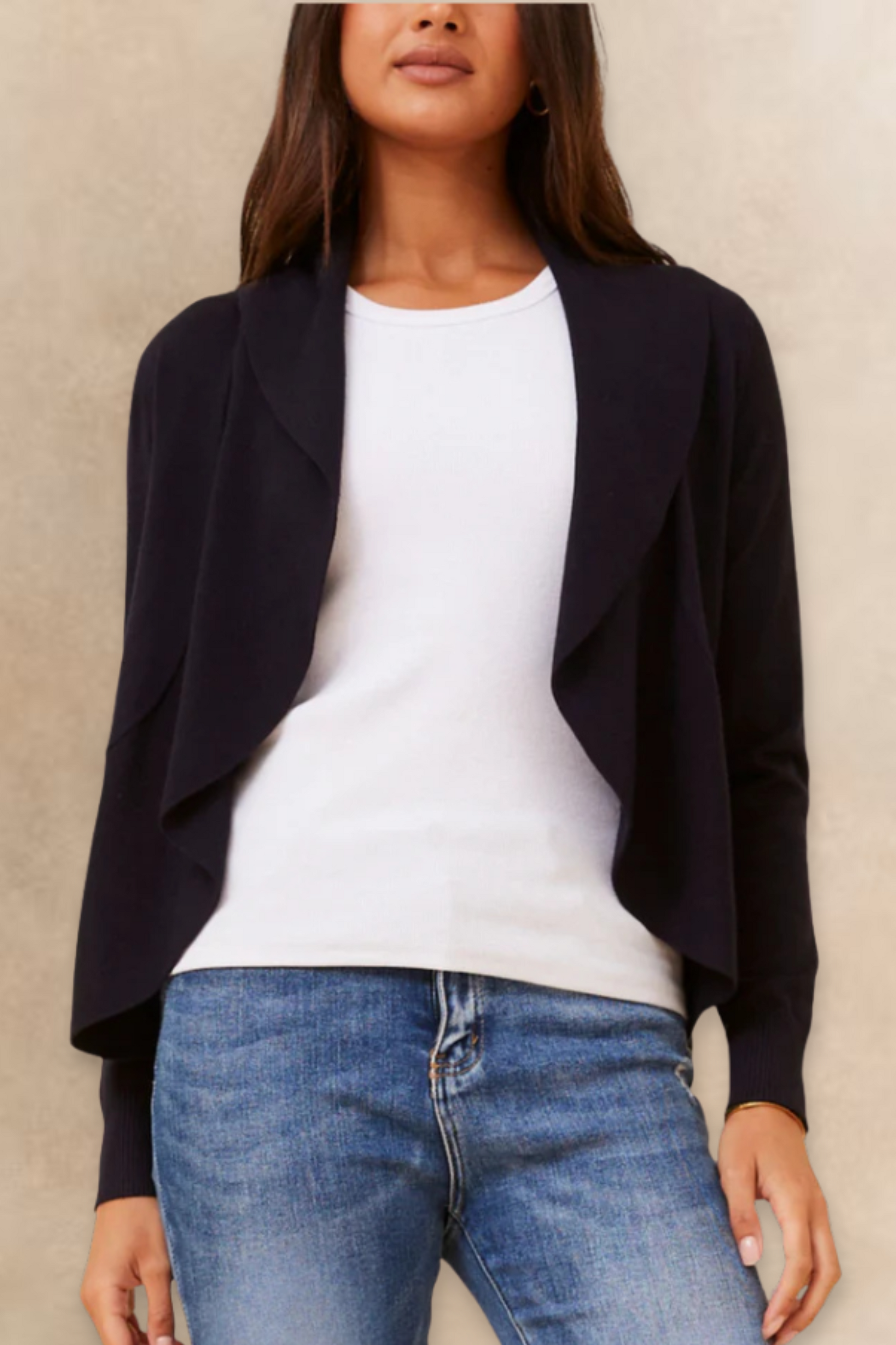 Alessia Lightweight Open-Front Black Cardigan Draped Waterfall Fit-1