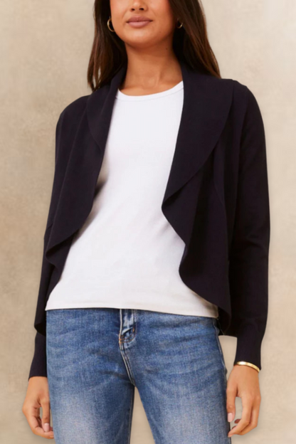 Alessia Lightweight Open-Front Black Cardigan Draped Waterfall Fit-0