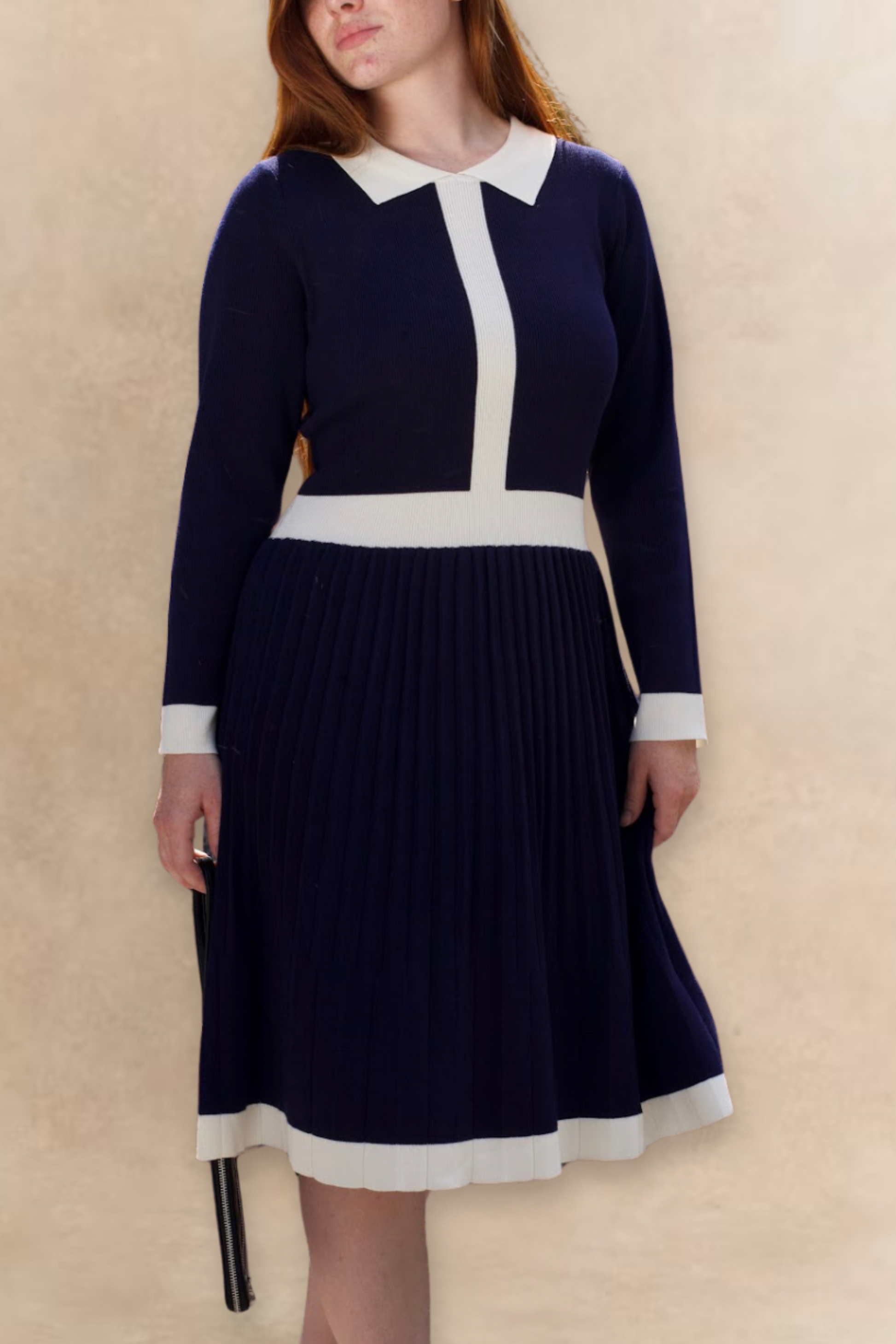 Clarissa Knit Women's Dress Contrast Trim Long Sleeves-5