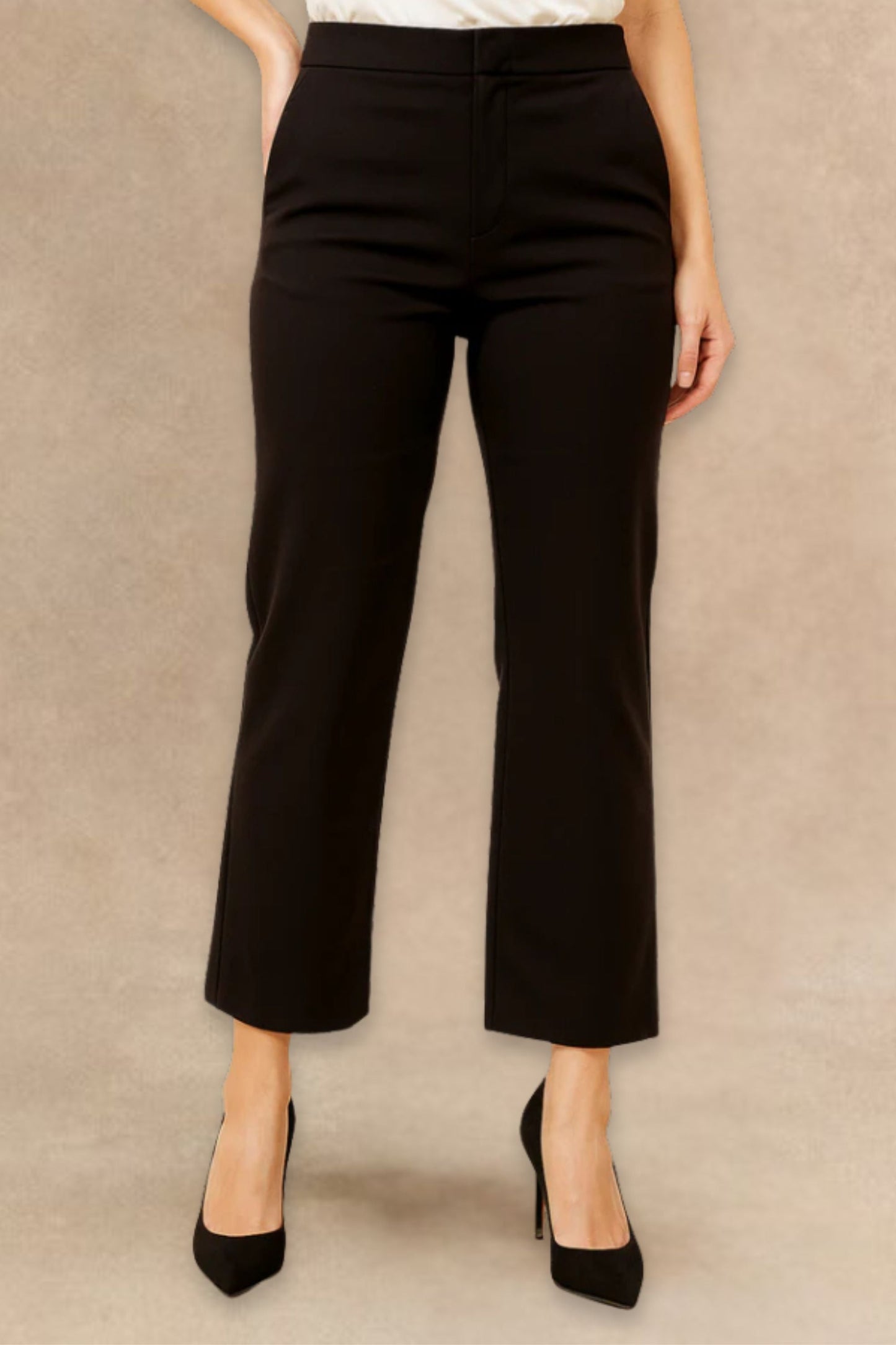 Romy Black Tailored Cropped Pants Clean Front Slim Straight Leg-0