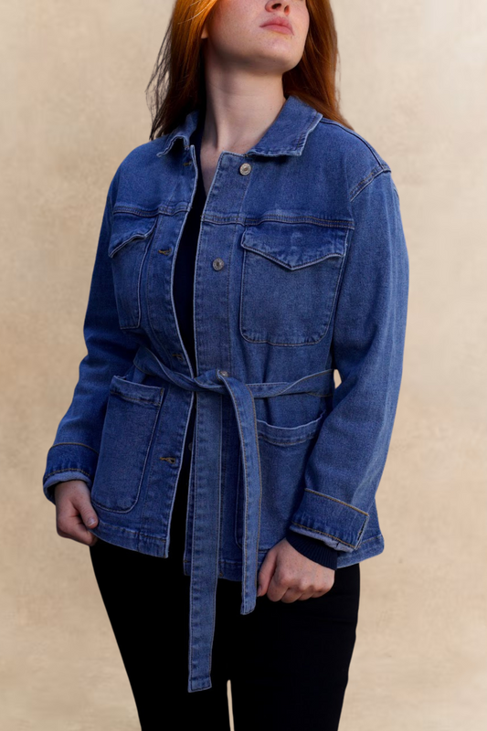 Sabrina Women's Belted Jean Jacquard Jacket With Pockets-0