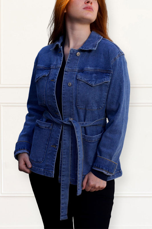 Sabrina Women's Belted Jean Jacquard Jacket With Pockets-0