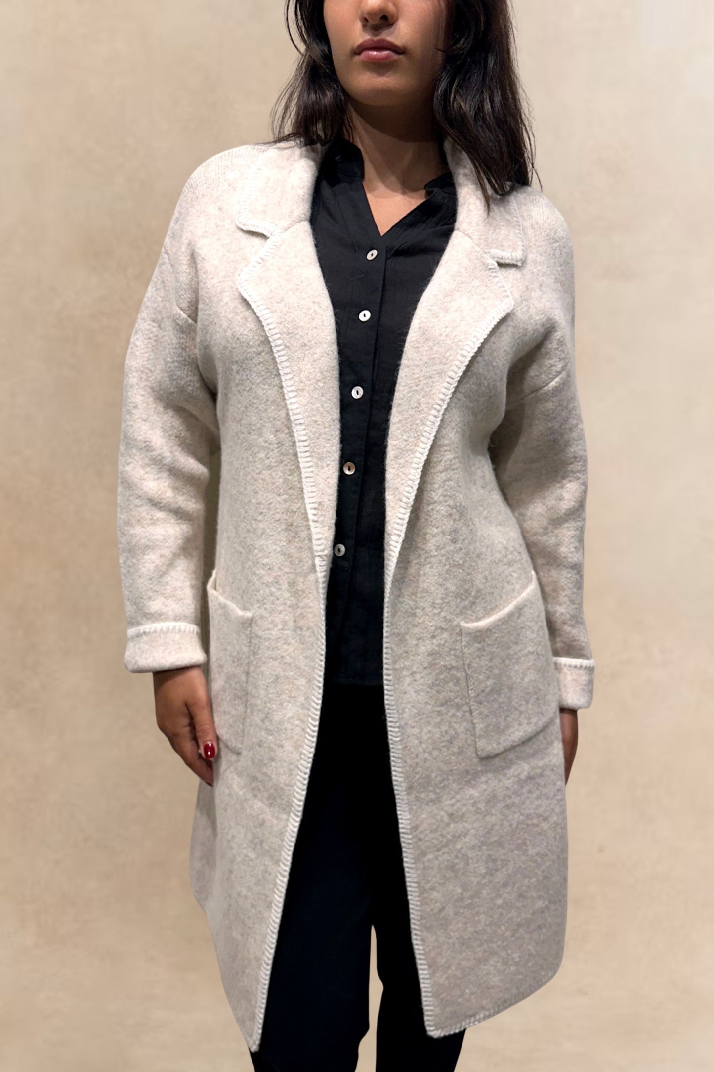 Solana Knit Jacket Collar Long Open-Front Contrast Stitching Pockets-0