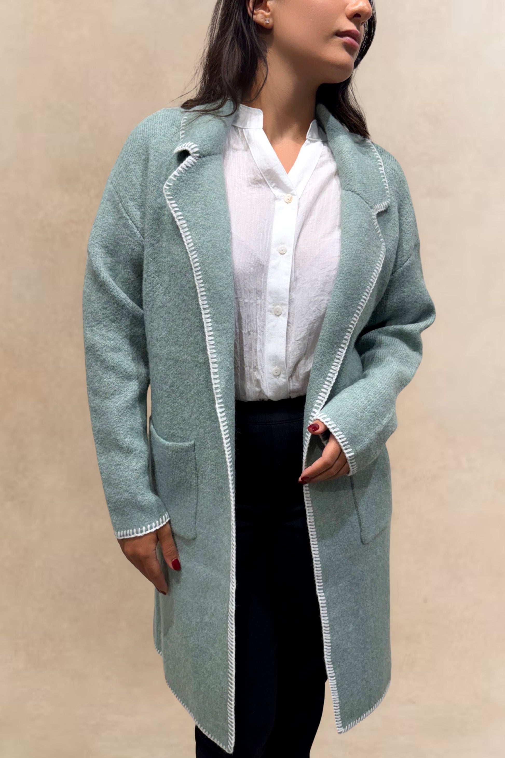 Solana Knit Jacket Collar Long Open-Front Contrast Stitching Pockets-1