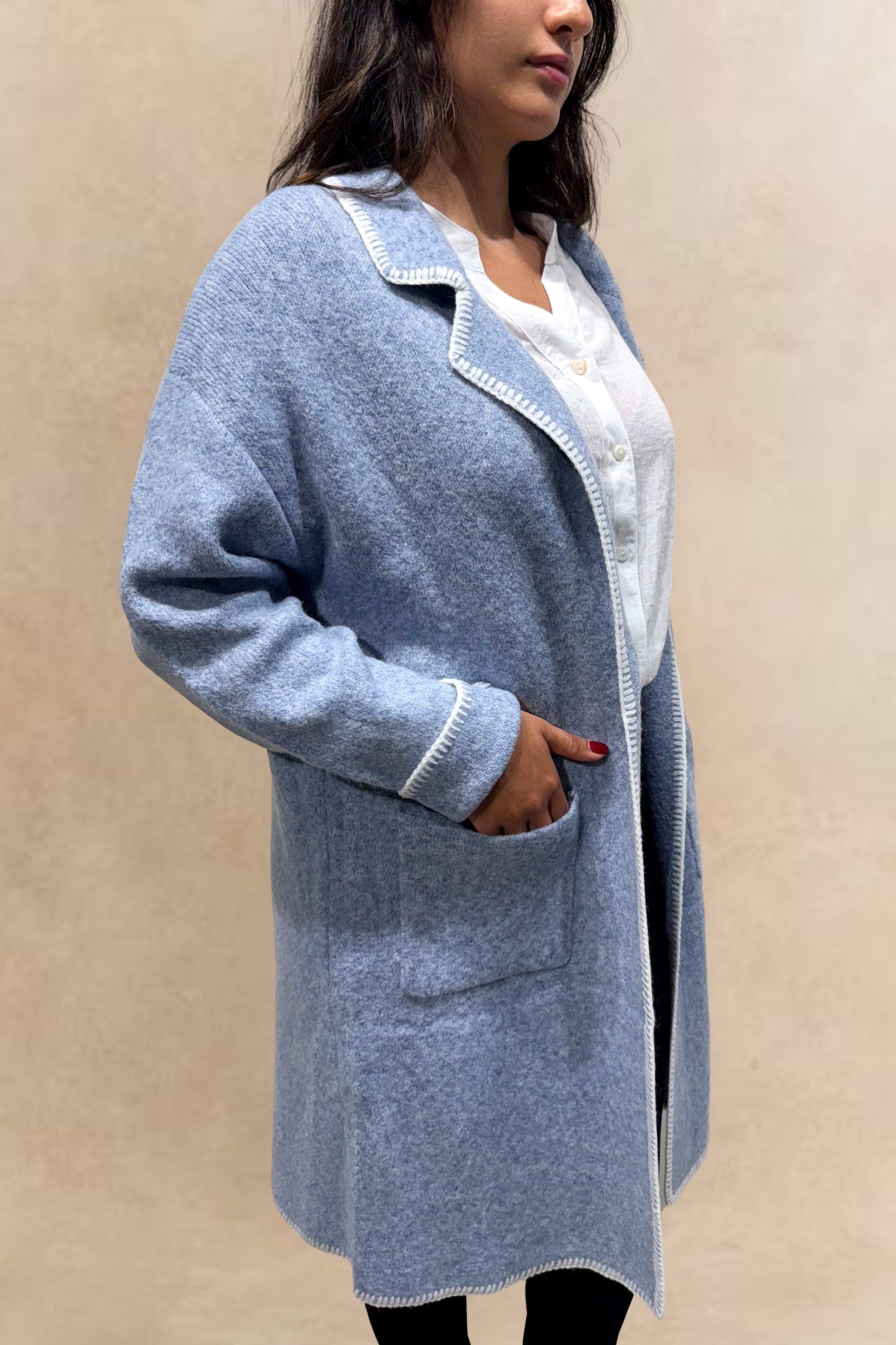 Solana Knit Jacket Collar Long Open-Front Contrast Stitching Pockets-2