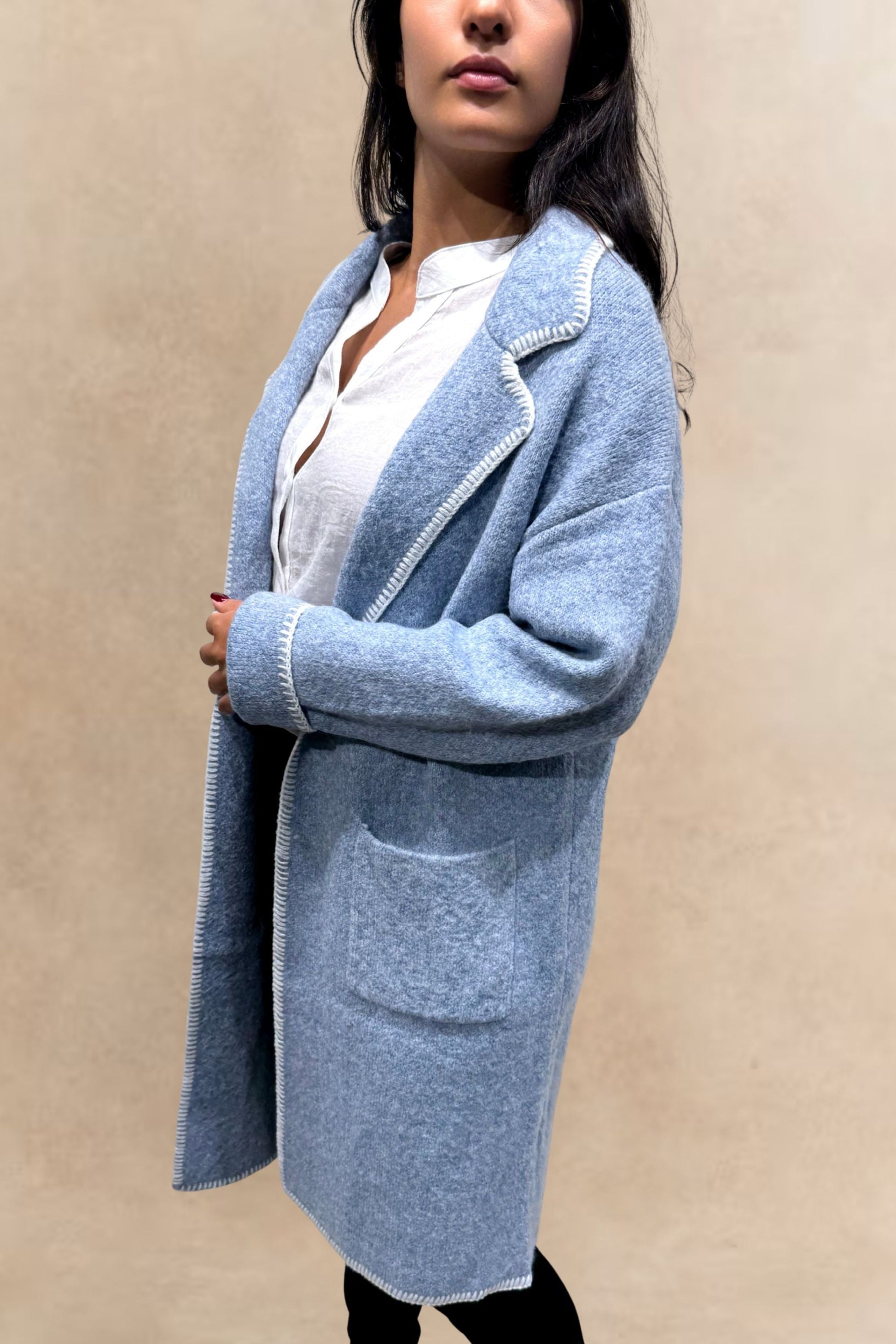 Solana Knit Jacket Collar Long Open-Front Contrast Stitching Pockets-3