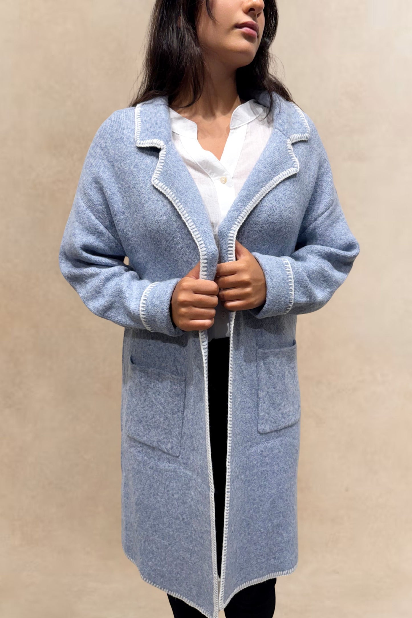 Solana Knit Jacket Collar Long Open-Front Contrast Stitching Pockets-4