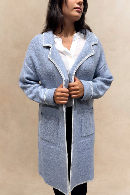 Solana Knit Jacket Collar Long Open-Front Contrast Stitching Pockets-4